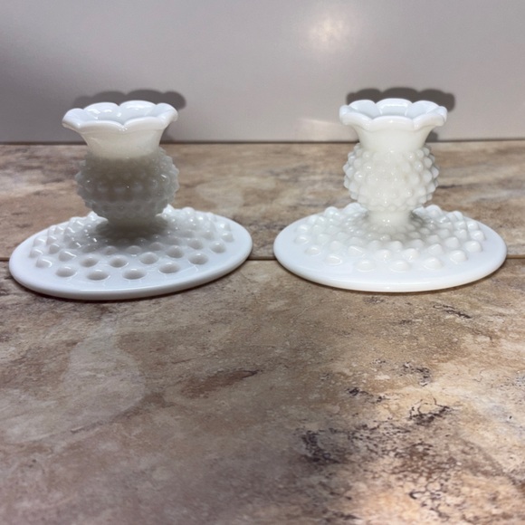 Set of 2 Vintage Fenton Hobnail Milk Glass Candlesticks Pair Candle Holders 3”T - Picture 2 of 8